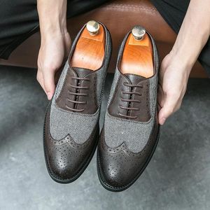 Dress Shoes Retro Oxford Men PU Spliced Block Carved Lacing Low Heel Business Formal Banquet Large Sizes 38-46