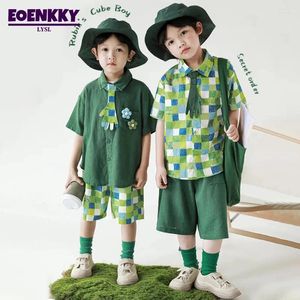 Одежда Suts Summer Children Boy Рубашки с галстуками модными детскими девочками повседневная зеленая клетчатая шорт с коротки