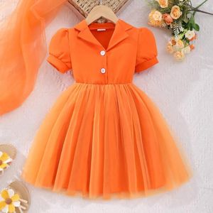 Vestidos de menina 2024 laranja com lapela vestido de malha para crianças roupas de manga curta 3 4 5 6 7 anos de verão casual casual cor de cor sólida de cor para meninas para meninas roupas