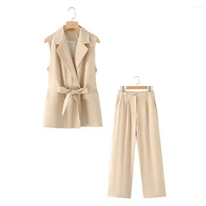 Pantaloni da due pezzi da donna 2024zar Spring/Summer Fashion Solid Colore Sleeveless Set con gilet di decorazione a cintura
