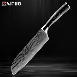 Нож Santoku 7 -дюймовый кухонный нож Острый высокий углеродный лезвие из нержавеющей стали и ручка смолы для резки, нарезки, нарезки овощей