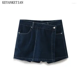 Jeans feminino keyanketian 2024 lançar mulheres escuras de jeans azul escuro estilo street estilo zíper assimétrico calças retas de cintura alta