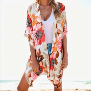 Floral Beach Cover Up Ladies Summer Long Flowy Kimono Cardigans Boho Topps Tryck på tunna täckningar Holiday Vocation Style Badkläder