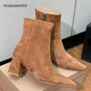 Boots Fashion Suede Leather Short For Women Pointed Toe Chunky Heel Exquisite Ladies Shoes Black Yellow Concise Ankle