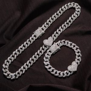 Zincirler 2pc Set Rapçi Tam Ağır Kalp Şeklinde Küba Bağlantı Bilezik Buzlu Kadınlar Erkekler için Necklcae Zincir Pong Lüks Hiphop Jewel222E