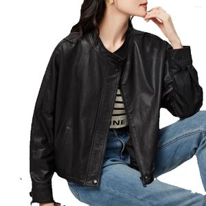Women's Leather Genuine Jacket Short Top Layer Sheepskin Fashionable Temperament Commuting Bat Sleeves Korean Loose Fitting