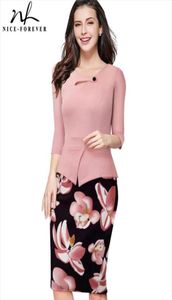 Nice-forever Autumn Print Patchwork Button Casual Dress Business Three Quarter Zip Back Bodycon Summer Office B2883832375