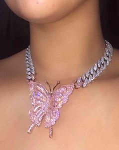 Fashion Necklaces 15mm Iced Out Bling Cuban Link Chain Rose Gold Pink Butterfly Necklace Silver Color 2row Cz Choker Women Hip Hop3362163