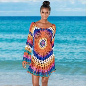 Rainbow Bikini Swimsuit-ups Crochet Knit de alta qualidade Solid Hollow Artlewear Summer Beach Dress Vestre-through SunScreen