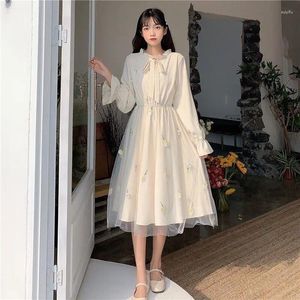 Casual Dresses Kawaii Embroidered Dress Women White Elegant Long Skirt Ruffle Lace Elastic Waist Doll Fall Youth Party