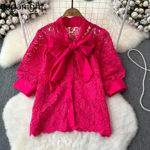 Women's Blouses Gaganight Women Lace Up Bottom Shirt 2024 Summer Gentle Style Layered High End Hollow Out Sexy Unique Slimming Top Set