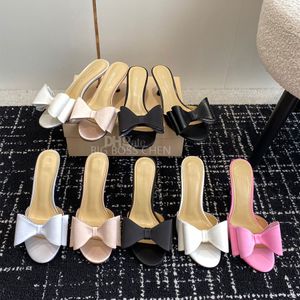 Najwyższej jakości różowy łuk jedwabny mach mach szpilki kapcie Bowtie Rhinestone Sandals Kitten Obcasy Mule luksusowe obcasy buty wieczorowe imprezy fabryka