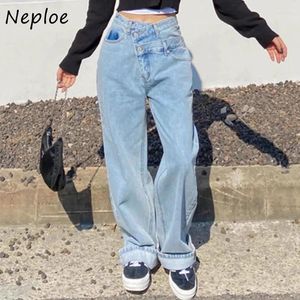 Kadın pantolonları Neploe 2024 Bahar mavi denim yüksek bel düzensiz iki düğme pantolon y2k düz gevşek geniş bacak kadınları