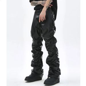 Hip Hop Mens veckade PU -läderbyxor Harajuku Retro Streetwear Loose Ruched Casual Trousers Straight Solid Color Black 240419