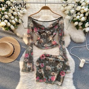 Vestidos de trabalho Gagaok Printage Floral Print feminino Suits Casual Slash pescoço Sleeves Slim Blouse Mini Bodycon Skirt Ladies Sweet Beach Setes