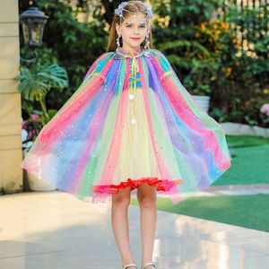 Girls Princess Sequined Stars Moons sjöjungfru Cape Halloween kostym Barn dag födelsedagspresent flickor frysta elsa transparent tyll slöja cape coat