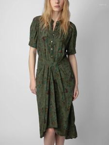 Sukienki imprezowe 2024 Summer Dark Green Butterfly Print Krótkie rękawowe elastyczna talia sukienka midi dla kobiet