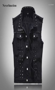 Giacche Men039s Men Fashion Vintage Metal Rivet Punk MOTORCYCLE Sleeveless jeans Jacketsmale Casual Slimt Fit Black Denim giubbotti 3310179