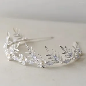 Hair Clips Bridal Jewelry Pearl Crystal Tiara Headband Leaf Flower Headpiece For Brides Silver Color Headdress Wedding Accessories