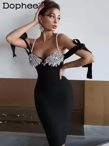 Vestidos casuais brilhantes shinestone biskknot de miçanga amarrada de espaguete para mulheres 2024 primavera verão requintado lindo vestido de bandagem