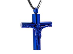 IJD11129 Rostfritt stål Cremation 2 Storlek Blue Jesus Keepsake Memorial Pendant Necklace For Ashes Urn Jewelry1986591