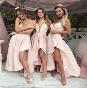 2022 Blush Pink High Low Party Bridesmaid Dresses Deep V Neck With Spaghetti Straps A Line Satin Backless Country Style Prom Dress1679606