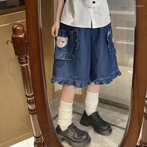 Kvinnors shorts japanska harajuku y2k fickbjörn broderi söt denim kvinnor vintage casual hög midja ruffles korta jeans byxor