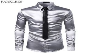 2st Silver Silk Shirtie Mens Satin Smooth Tuxedo Shirts Casual Button Down Men Dress Shirts Wedding Party Prom Chemise Homme Y22128532