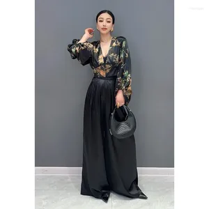 Women's Two Piece Pants 2024 Spring And Autumn Set Chinese Satin Printed V-neck Shirt Wide-leg Trousers Two-piece Fashion Wear