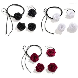 Necklace Earrings Set 3Pcs/set Elegant Lace Up Rope Chain For Women Girls Big Flower Pendant Charm Neckchain Bracelet &