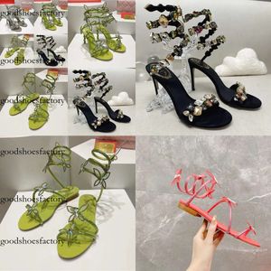 Caovilla Rene High Heel Sandals Fashion Rhinestone Decoration Designer Shoes 9.5cm Heels Women Satin Snake ملفوف الفراشة زهرة مفتوحة عالية الجودة مع صندوق
