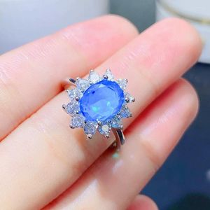 Кластерные кольца Оригинальное серебряное кольцо S925 для женщин Реальный натуральный синий опал с сертификатом 9 7mm