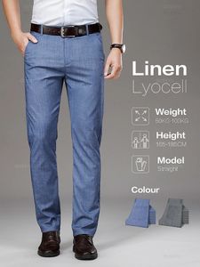 Summer Thin Soft Lyocell Breattable Linen Fabric Suit Pants Män Rak affärsverkande Lång formell byxa Male Plus Size 40 240423