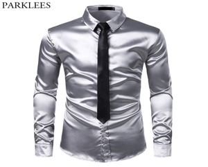 2pcs Silver Silk ShirtTie Mens Satin Smooth Tuxedo Shirts Casual Button Down Men Dress Shirts Wedding Party Prom Chemise Homme Y27078858