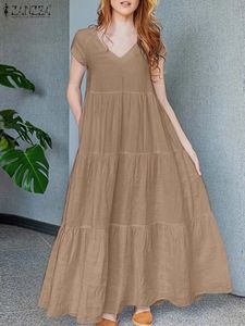 2024 ZANZEA SUMMER MAXI LONG DRESボヘミアンホリデーサンドレスvネックショートスリーブローブフェムカジュアルルーズフリルベスティドス240419