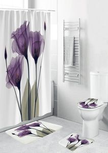 4pcs фланелевая поверхность коврики для ванной комнаты для душа занавеска без крышки для туалетной крышки набор для ванной комнаты фиолетовые цветы.