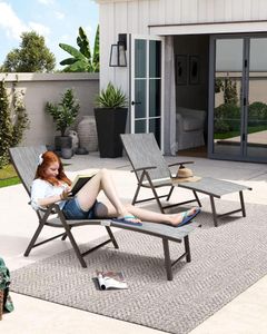 Camp Furniture Aluminum Adjustable Folding Patio Chaise Lounge Chair For Outside Set Of 2 With Table Brown Frame 8 Positions (Light Gray)