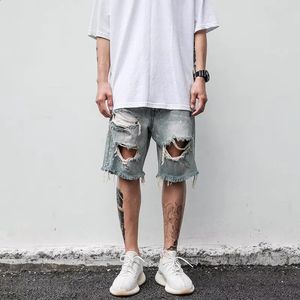 Summer Mens Denim Shorts Tattered Tassel Streetwear Beggar Pants Knee Length Jeans Harlan Hipster Men Short 240415