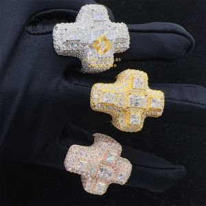 Новый дизайн сертификаты GRA 925 Silver Pass Diamond Tester 6.344CT VVS1 Princess+Radiant Moissanite Iced Out Hip Hop Cross Ring