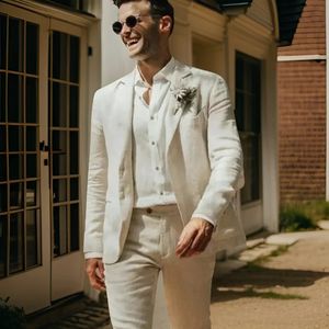 Linnemän kostymer för bröllopsträdgård sommar brudgum tuxedo 2 st skakning lapel prom blazer med byxor jacka byxor 2024 240428