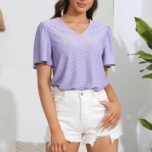 Frauen T -Shirts Boho -Stil Blumenbluse Flare Ärmel Sommergestrickte Ernte Tops Solides weibliches V -Hals -Chiffon Blusen übergroße Unterhemden