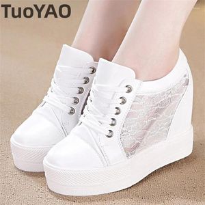 Casual Shoes 11cm Air Mesh Cow Leather Platform Wedge High Brand Pumps Summer Fashion Chunky Sneaker Hollow Comfort