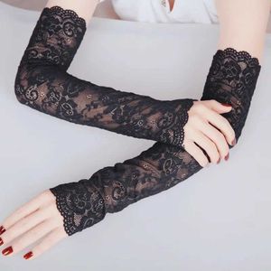 Ärm ärmmar Summer Ice Lace Warmer Elastic Sleeve Driving Gloves Womens Solid Black and White Long Finger Sunscreen Q240430