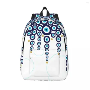 Mochila Mal Ey Eye pendurada Minchas em tela azul e dourada para homens Menino Escola Student Bookbag Nazar Hamsa Boho Bags