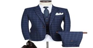 Varumärkekvalitetsdräkt män Slim Fit Plaid Suits For Work Blue Bourgogne Tuxedo Jacket Mens 3 -stycken Gray Wedding Dress Men039s Blaz1914386
