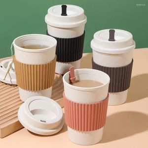 Canecas 450 ml de copos de café com tampas de palha de trigo reutilizável Copa portátil Lavagem de prato de caneca Segura Viagem de chá