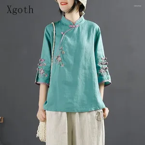 Women's Blouses Xgoth Retro Shirts 2024 Chinese Style Cotton Linen Shirt Spring Summer Button Embroidered Trendy Female Tops