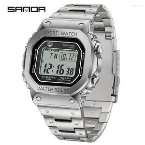 Wristwatches SANDA 2162 Men's Electronic Steel Countdown Alarm Stopwatch Square Waterproof Multi Functional Wrist Watch Fashion Digit