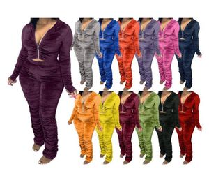 Frauen Kleidung Zwei -Stück -Set Mode Velvet Falten Zipper Langarmjacke Hosen Outfits Damen Solid Plus Size Casual Anzug 5011687