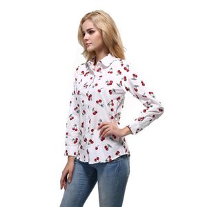 White and Dark Blue Shirt for Women Summer Casual Cute Fruit Cherry Print Long Sleeve Shirts 253S